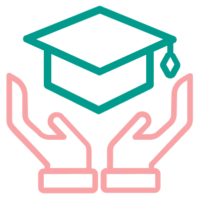 Hands holding graduation cap icon.